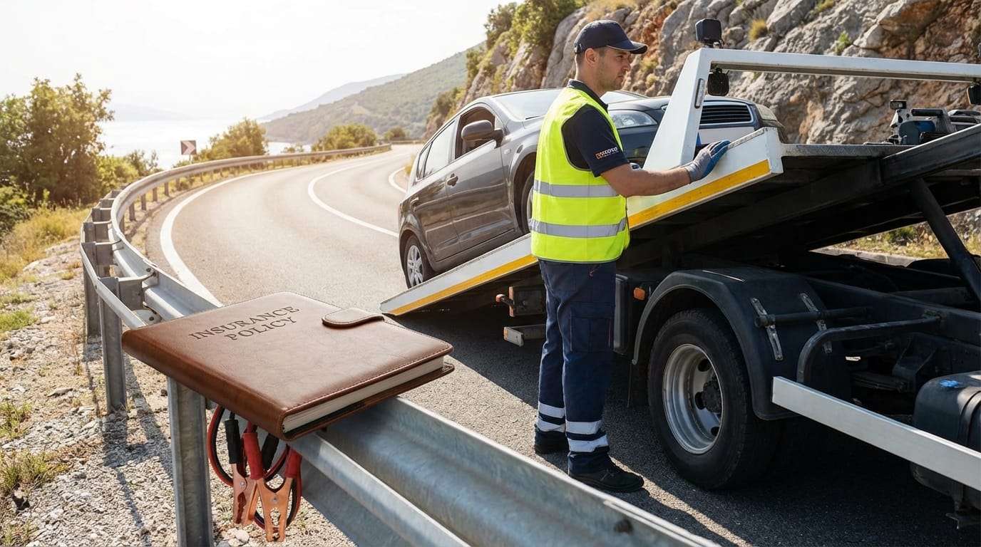 Flatbed tow truck loading a broken-down sedan on a highway shoulder for insurance towing.