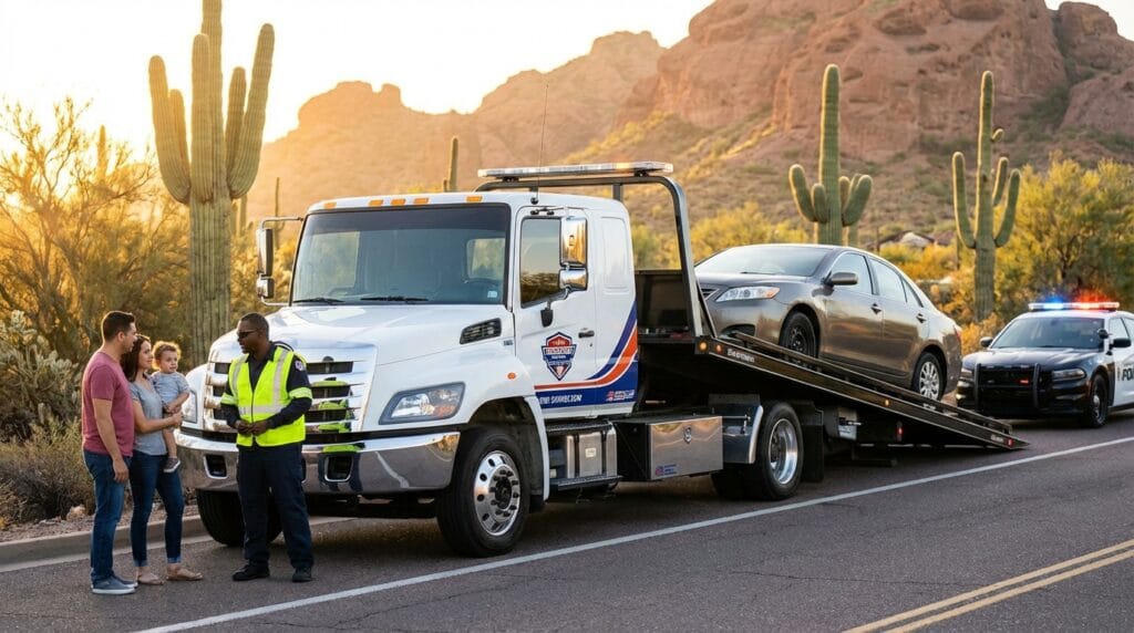 Damaged sedan being securely loaded onto a professional flatbed towing truck for safe transport.